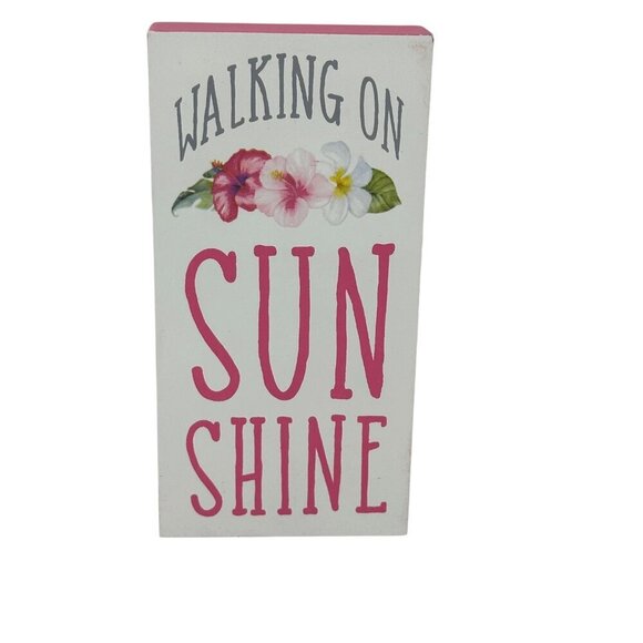 Tropical Wooden Block Sign Walking on Sunshine Floral Home Decor 6" Flamingo - Picture 1 of 8